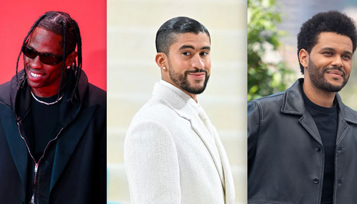 Travis Scott (L), Bad Bunny (C) and The Weeknd (R)