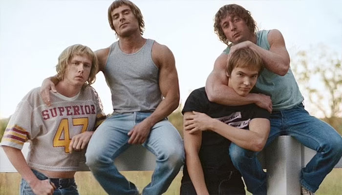 Harris Dickinson, Zac Efron, Stanley Simons, and Jeremy Allen White as Von Erich brothers in The Iron Claw biopic.
